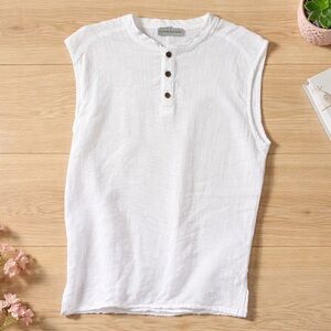 Cotton Natural White Sleeveless Henley Shirt Lightweight Button Front Casual Top